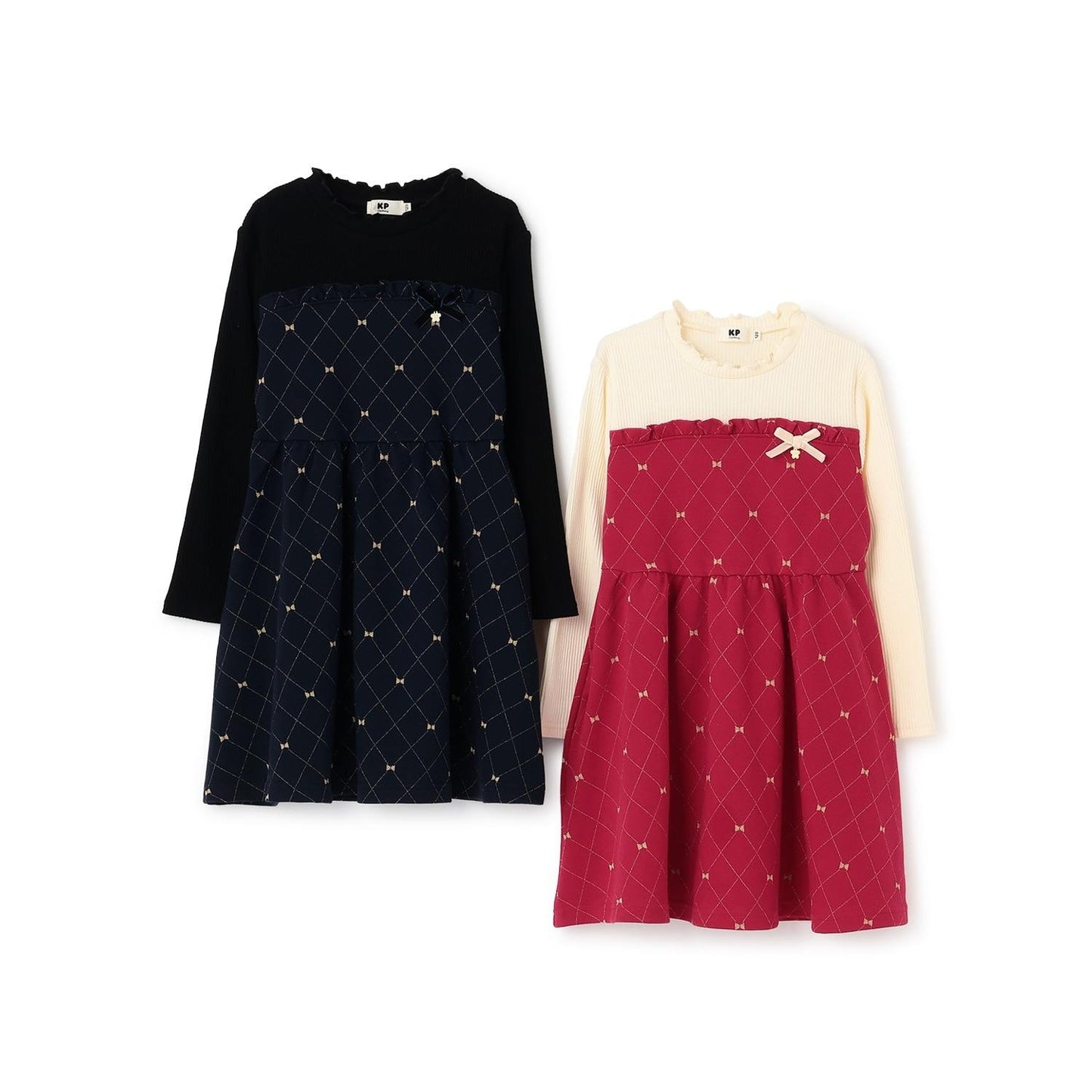 蝴蝶結格紋亮絲提花拼接羅紋連衣裙