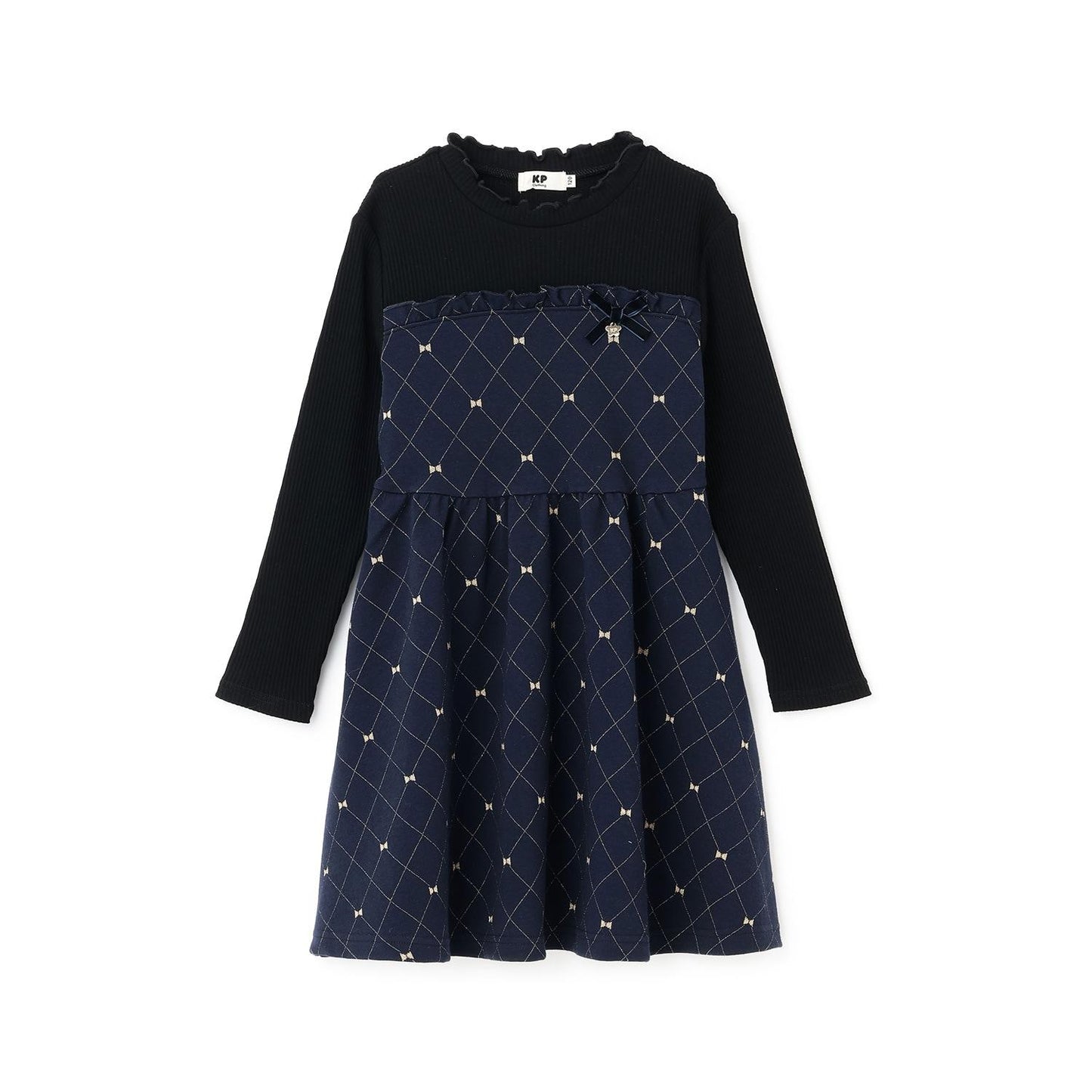 蝴蝶結格紋亮絲提花拼接羅紋連衣裙