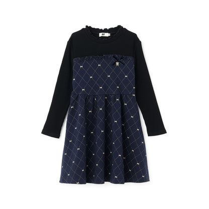 蝴蝶結格紋亮絲提花拼接羅紋連衣裙