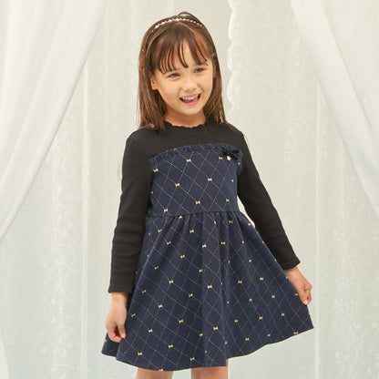 蝴蝶結格紋亮絲提花拼接羅紋連衣裙