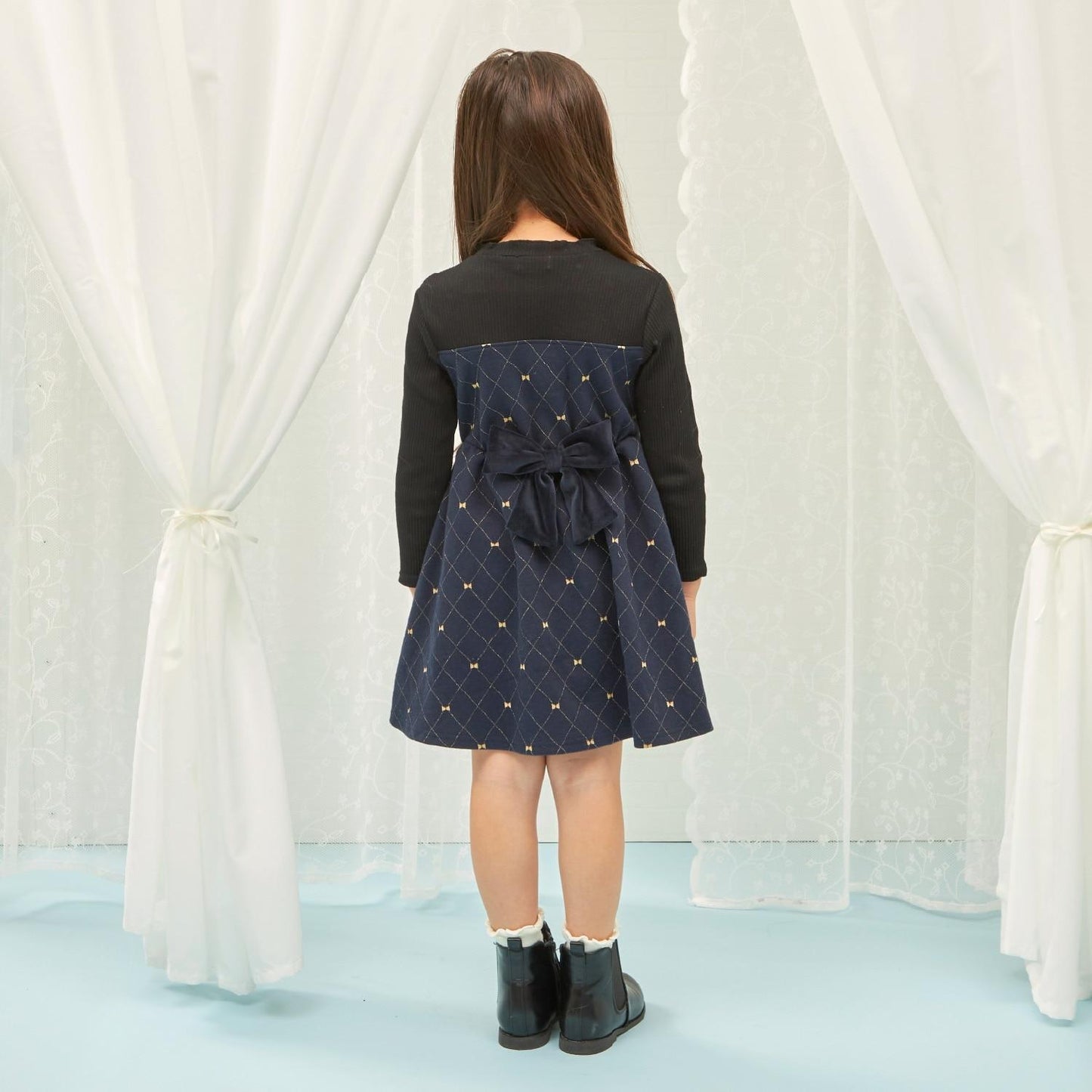 蝴蝶結格紋亮絲提花拼接羅紋連衣裙