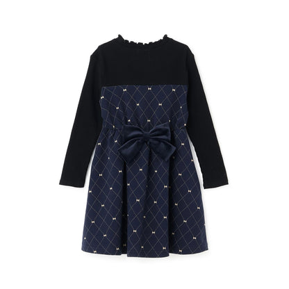 蝴蝶結格紋亮絲提花拼接羅紋連衣裙