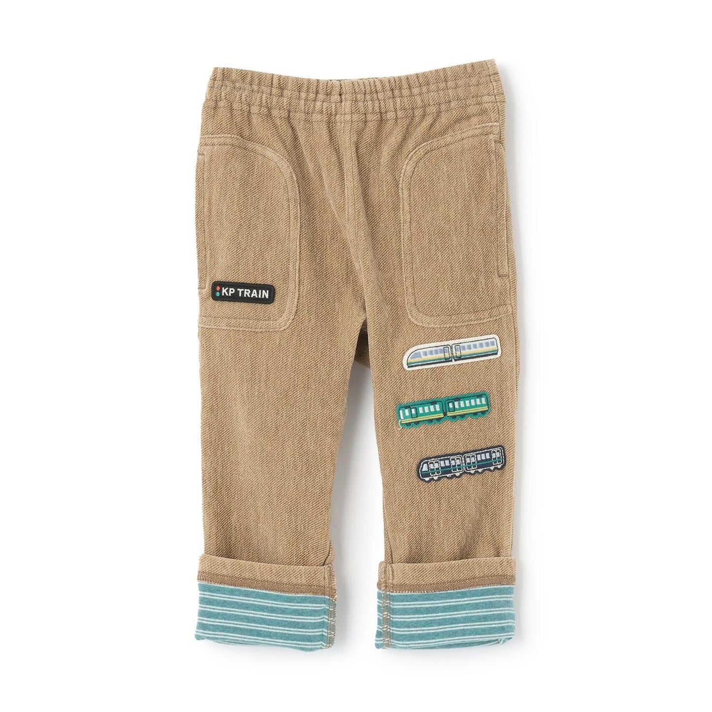 電車刺繡貼布斜紋絨毛長褲