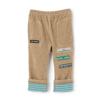 電車刺繡貼布斜紋絨毛長褲