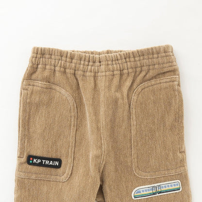 電車刺繡貼布斜紋絨毛長褲