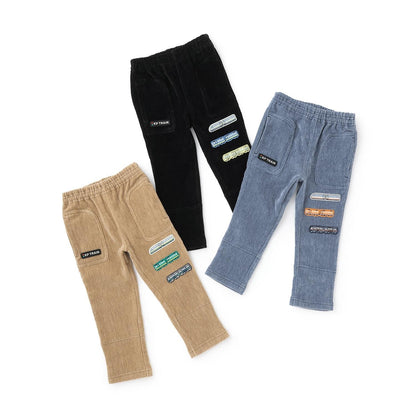 電車刺繡貼布斜紋絨毛長褲