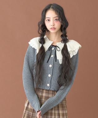 荷葉邊領珍珠扣開衫【韓國時尚】