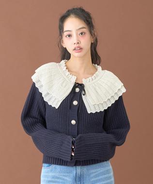 荷葉邊領珍珠扣開衫【韓國時尚】