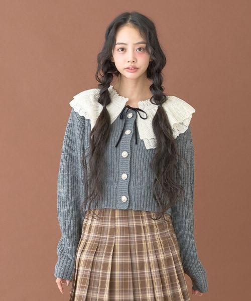 荷葉邊領珍珠扣開衫【韓國時尚】