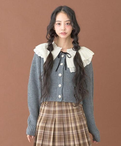 荷葉邊領珍珠扣開衫【韓國時尚】