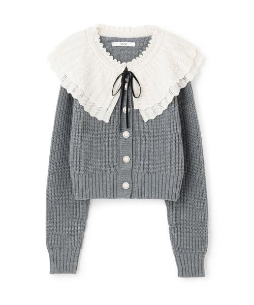 荷葉邊領珍珠扣開衫【韓國時尚】