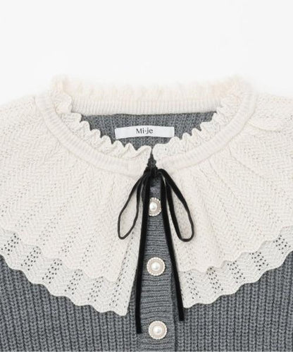 荷葉邊領珍珠扣開衫【韓國時尚】