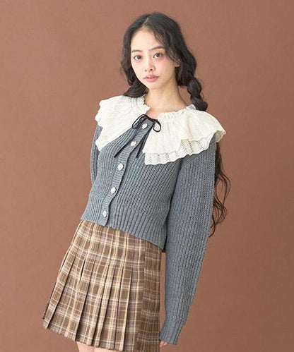 荷葉邊領珍珠扣開衫【韓國時尚】