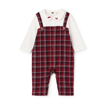 先染格紋疊穿風連體衣