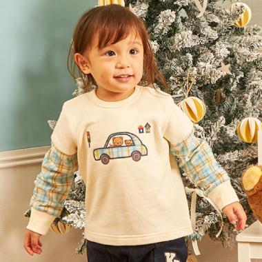 先染格紋汽車貼布繡衛衣