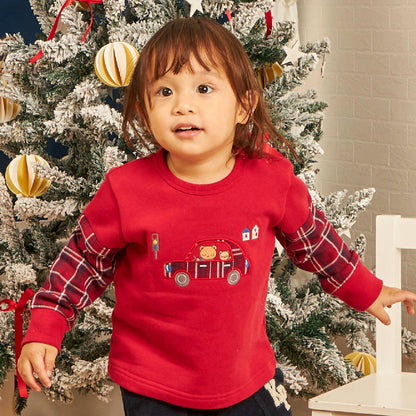 先染格紋汽車貼布繡衛衣