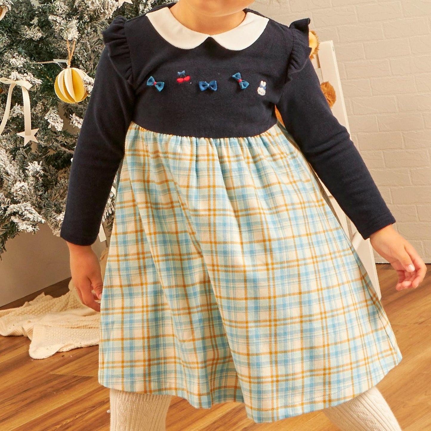 先染格紋×磨毛羅紋連衣裙