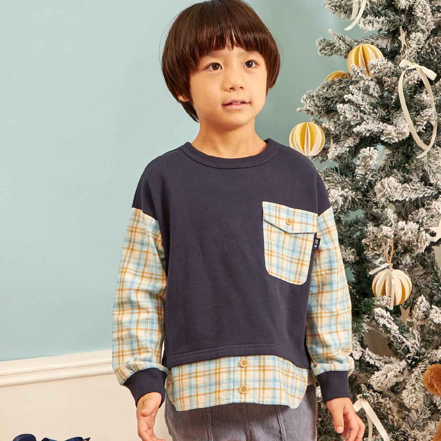 先染格紋×衛衣布口袋衛衣