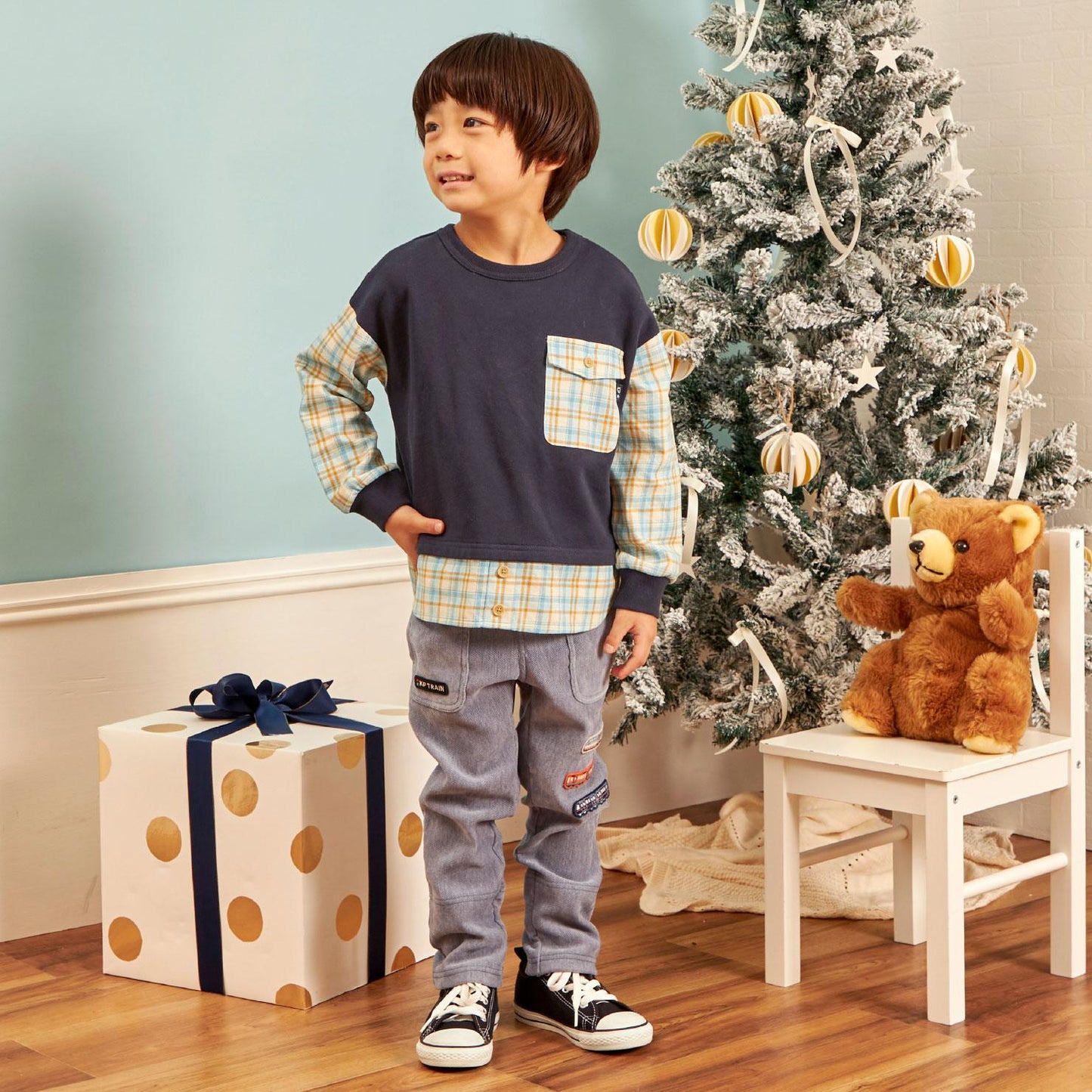 先染格紋×衛衣布口袋衛衣