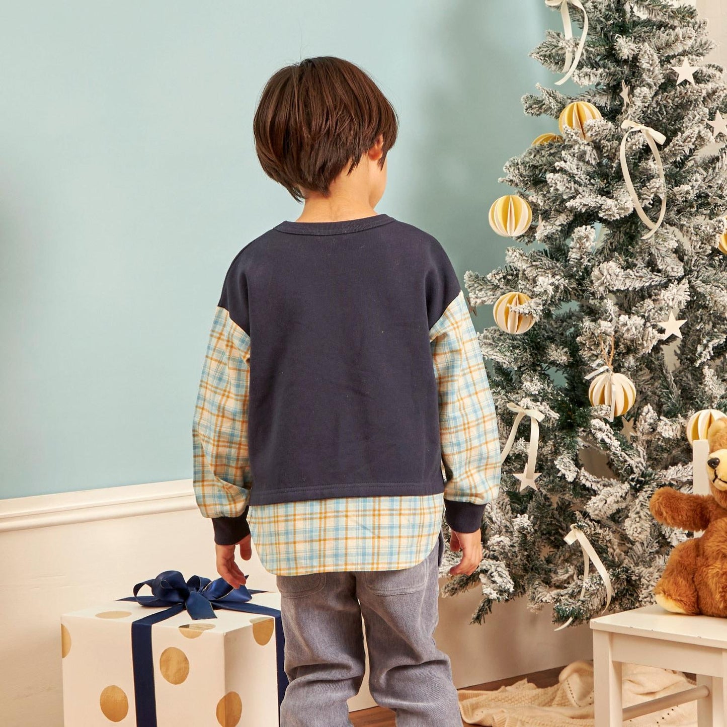 先染格紋×衛衣布口袋衛衣