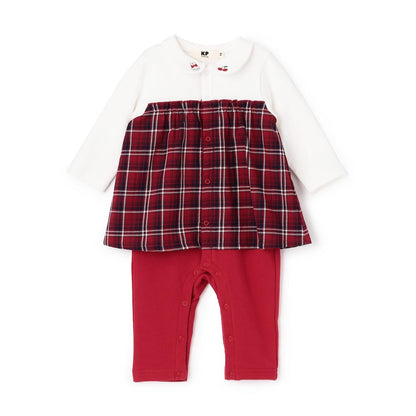 先染格紋疊穿風連體衣