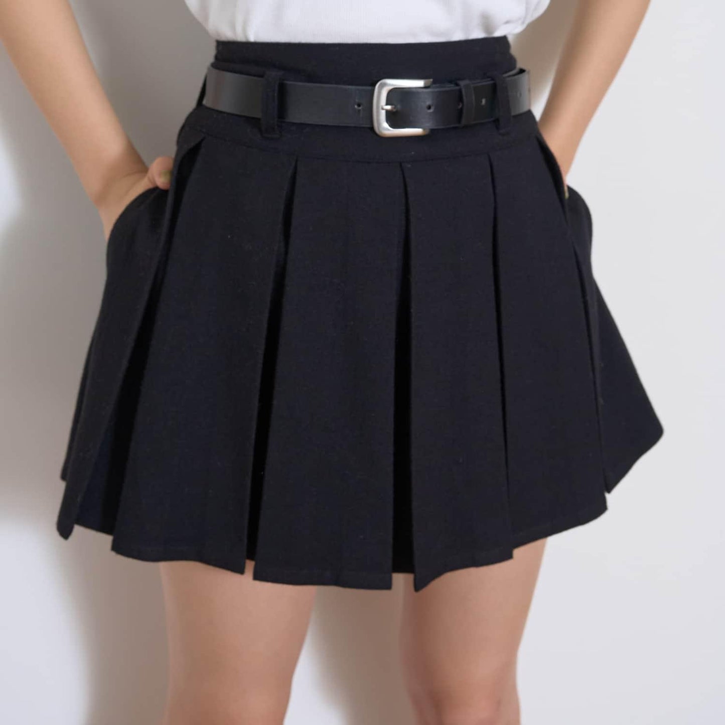 【磨毛】帶腰帶百褶裙