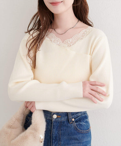 不對稱蕾絲領口羅紋針織套頭衫