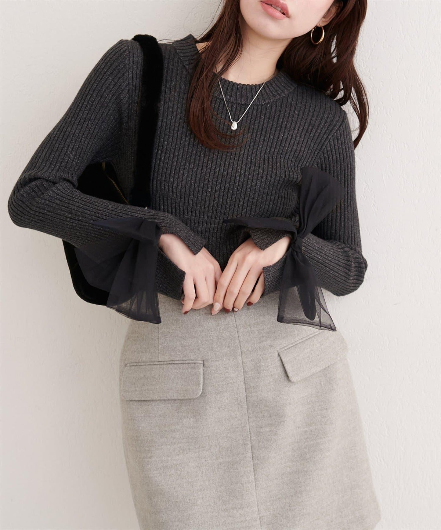 袖口網紗蝴蝶結針織衫