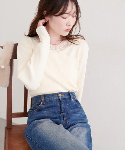 不對稱蕾絲領口羅紋針織套頭衫