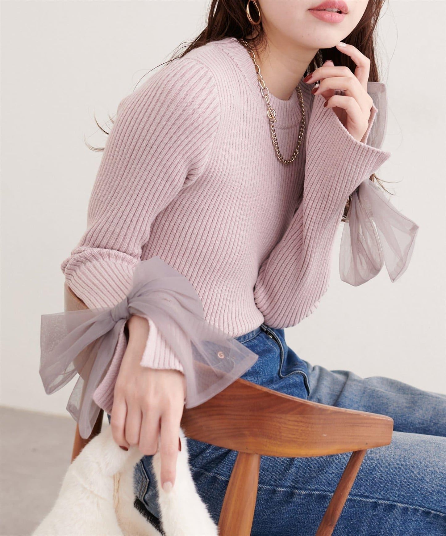 袖口網紗蝴蝶結針織衫