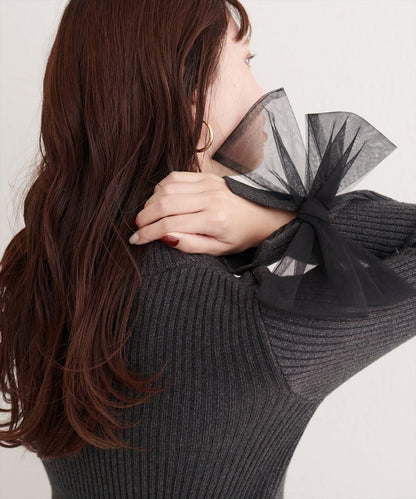 袖口網紗蝴蝶結針織衫