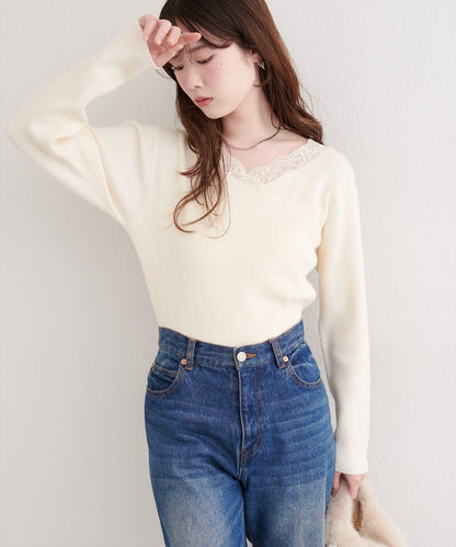 不對稱蕾絲領口羅紋針織套頭衫