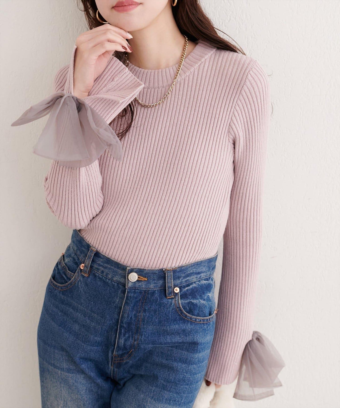 袖口網紗蝴蝶結針織衫