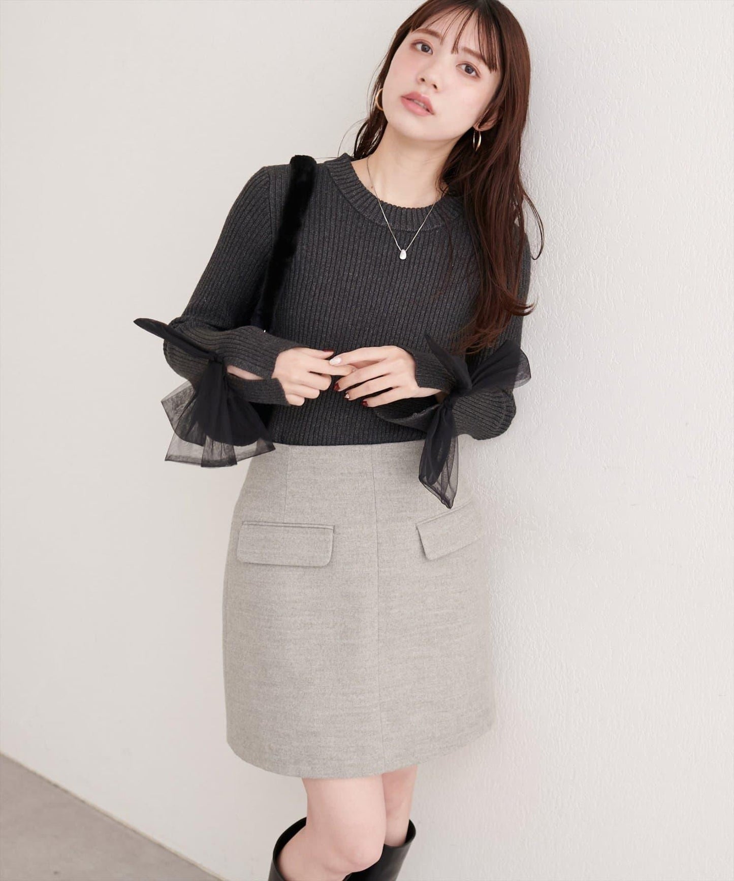 袖口網紗蝴蝶結針織衫