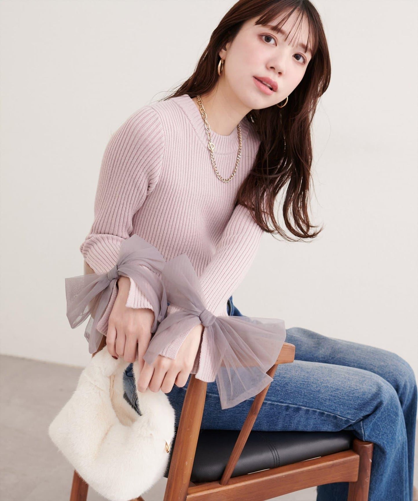 袖口網紗蝴蝶結針織衫
