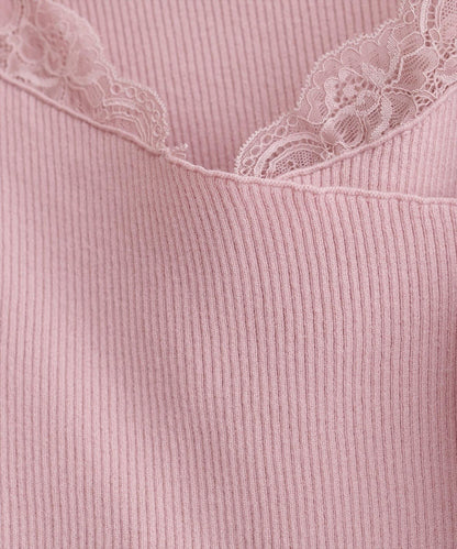 不對稱蕾絲領口羅紋針織套頭衫