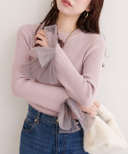 袖口網紗蝴蝶結針織衫
