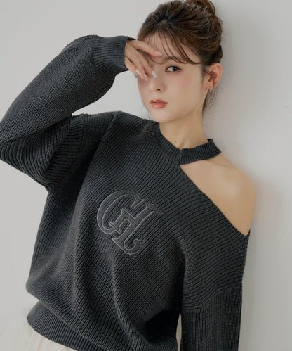 肩部開叉一字肩針織衫