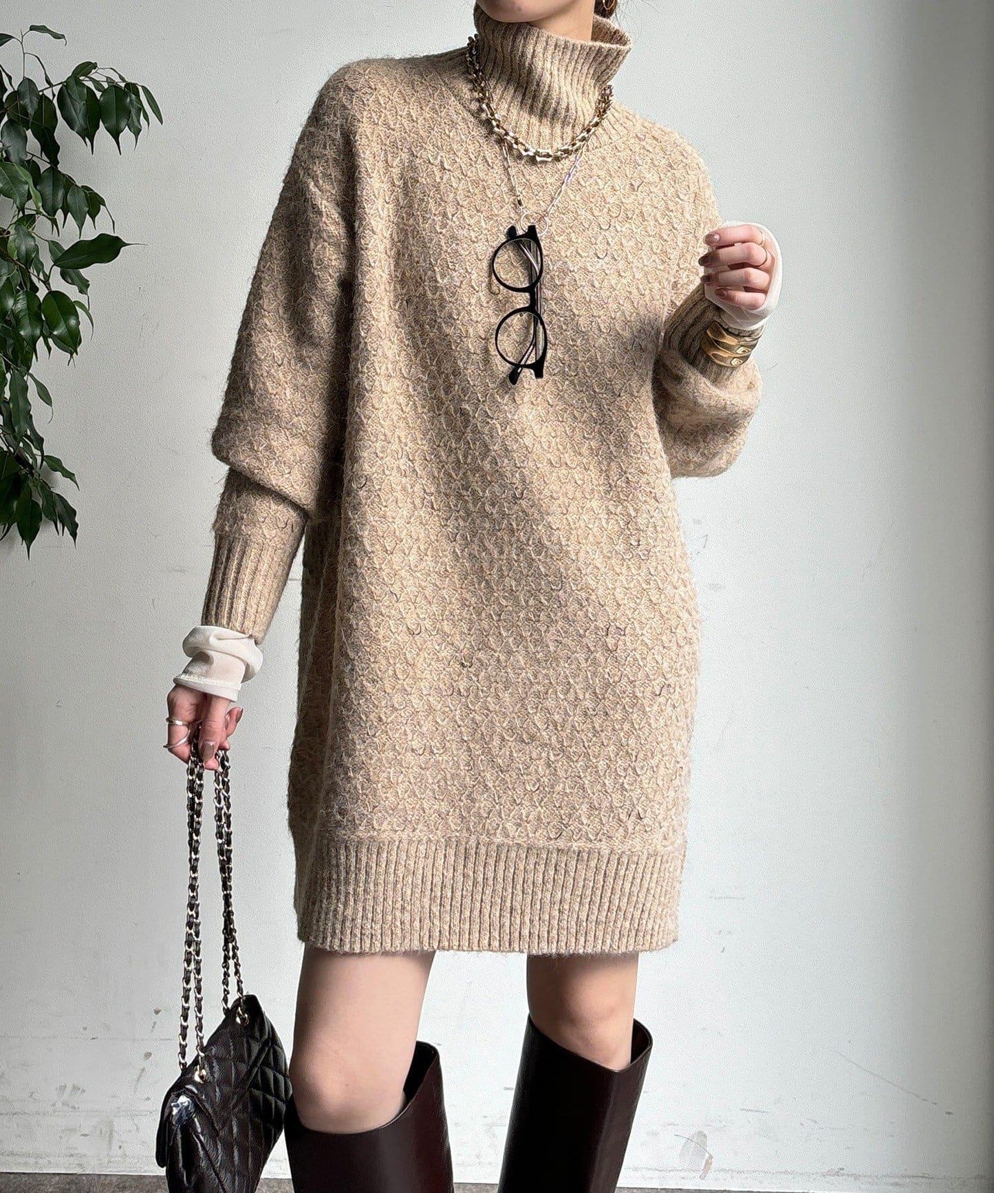 交叉編織高領長款針織衫