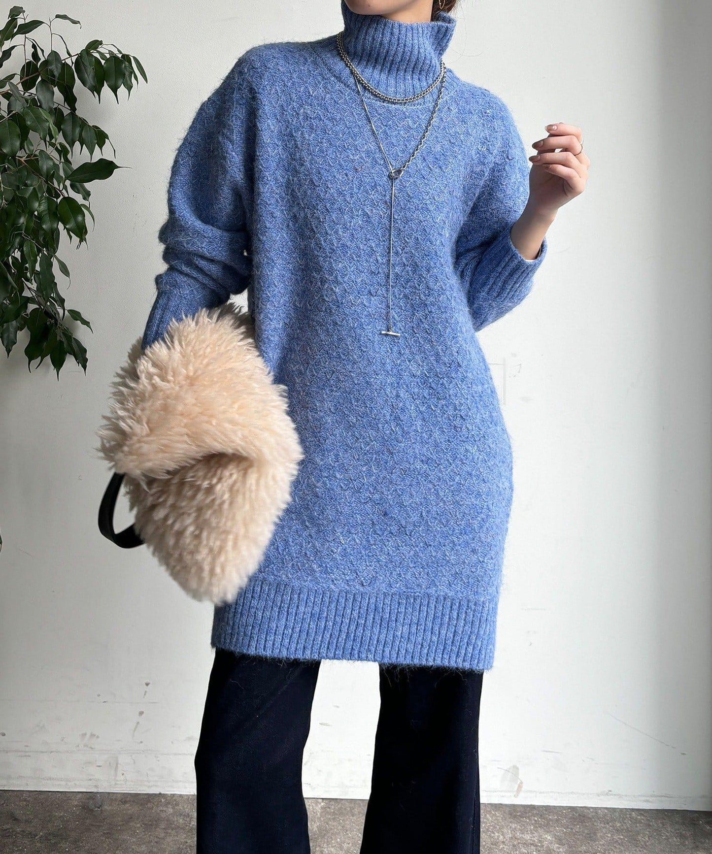 交叉編織高領長款針織衫