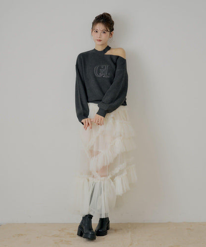 肩部開叉一字肩針織衫