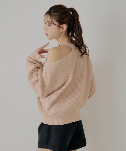 肩部開叉一字肩針織衫