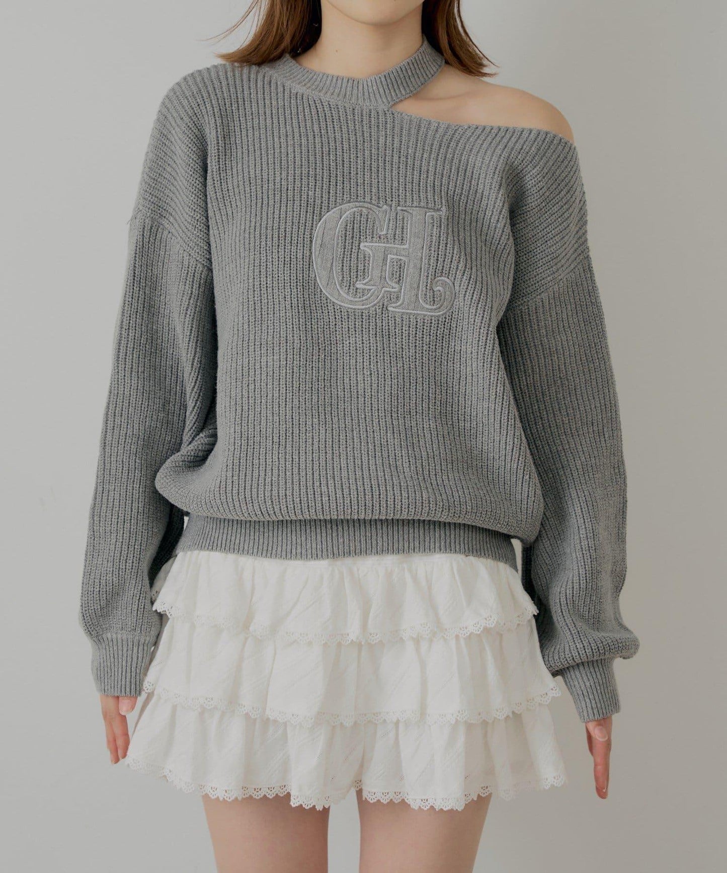 肩部開叉一字肩針織衫