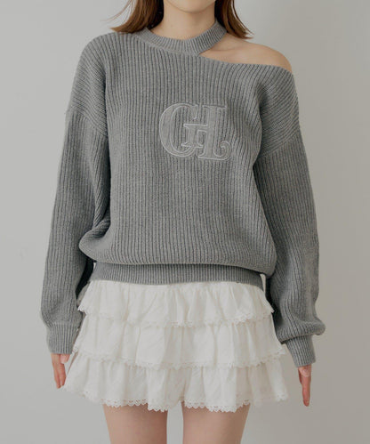 肩部開叉一字肩針織衫