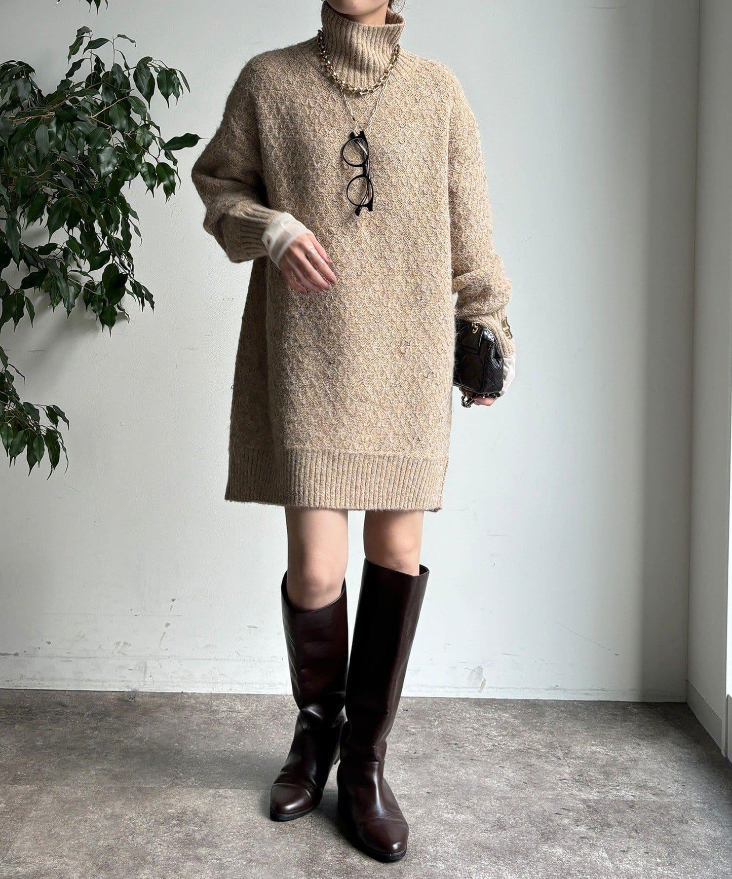 交叉編織高領長款針織衫