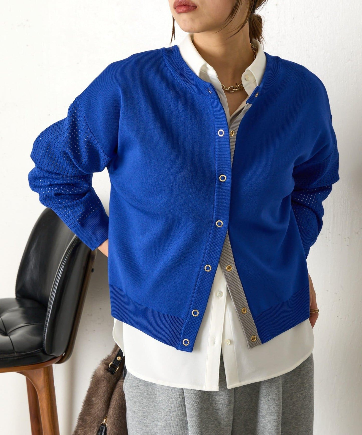 拼接袖網紗兩穿開衫