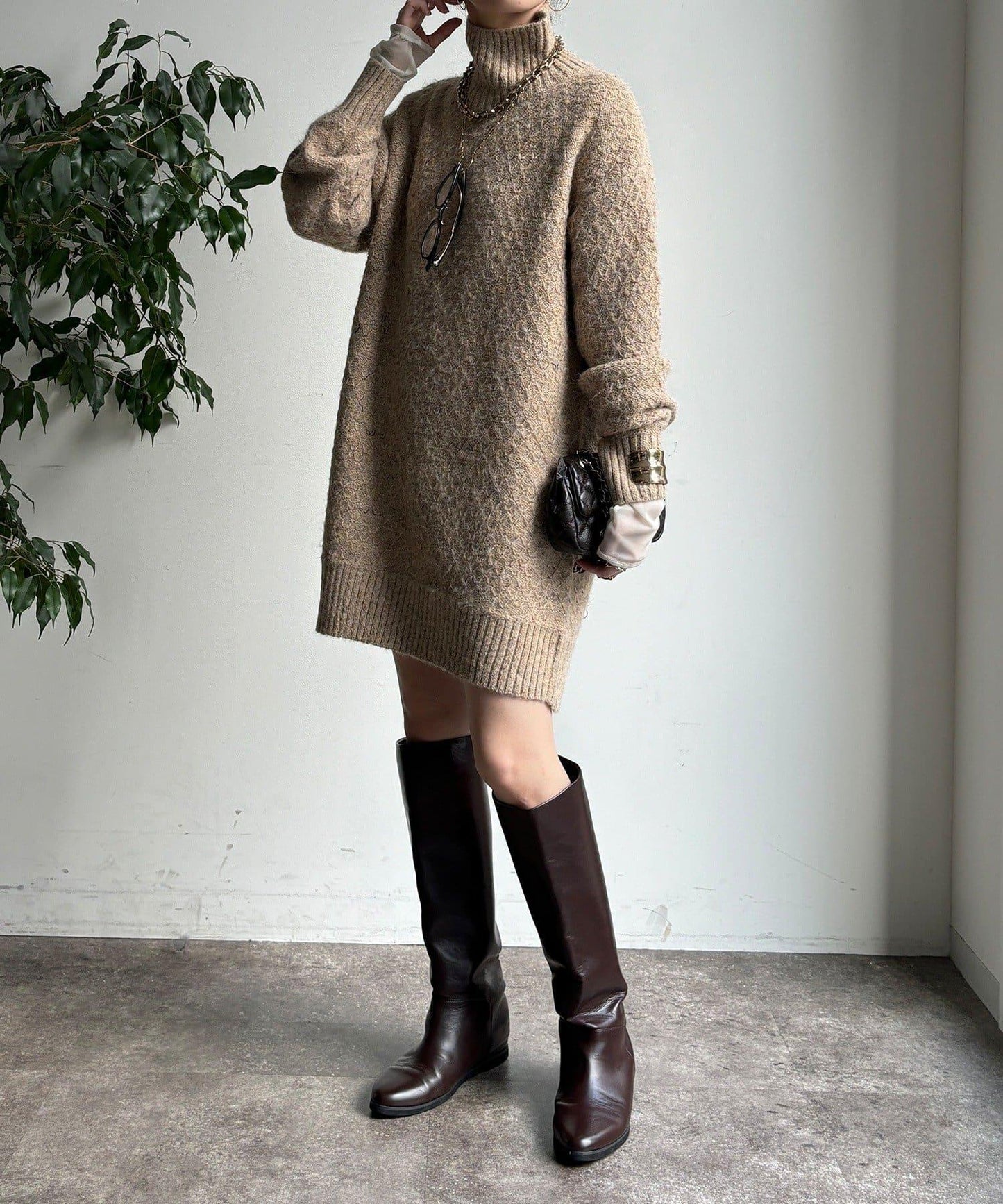 交叉編織高領長款針織衫