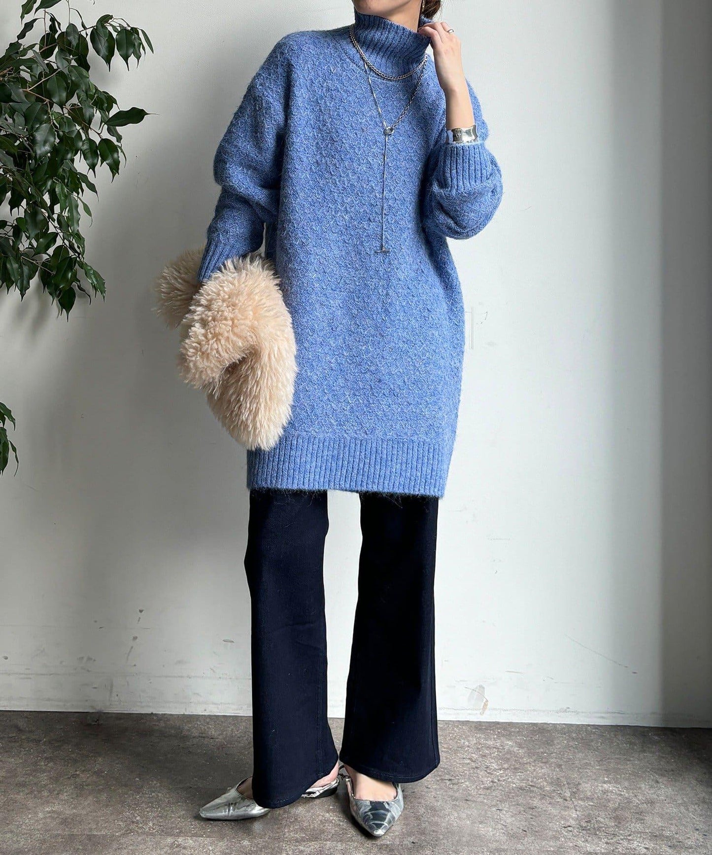 交叉編織高領長款針織衫