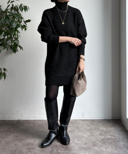 交叉編織高領長款針織衫