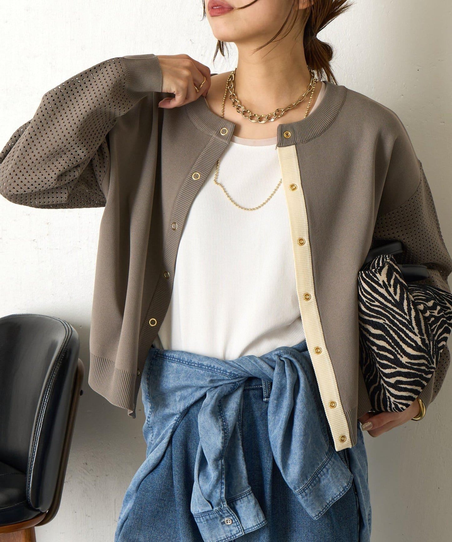 拼接袖網紗兩穿開衫